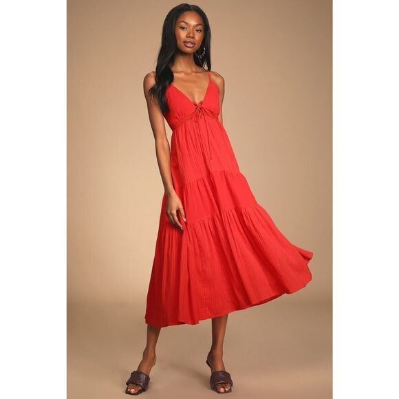 Lulus Out and About Bright Red Tiered Lace-Up Midi Dress Small - Picture 1 of 14